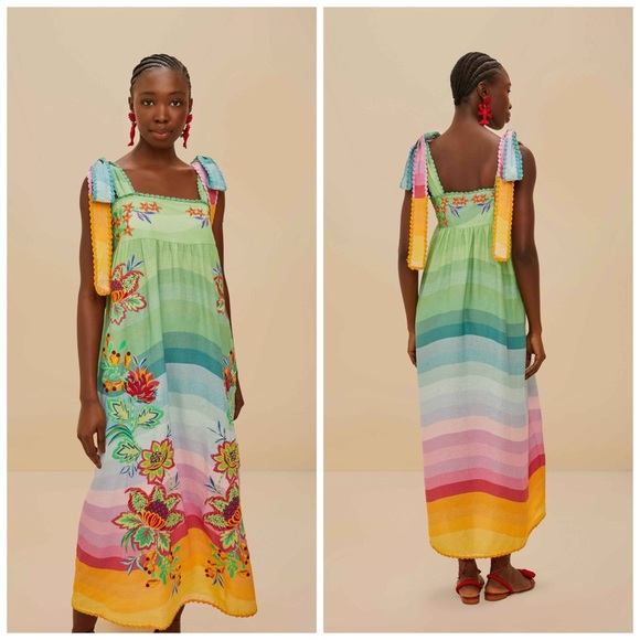 FARM Rio Dresses & Skirts - FARM Rio Aura Floral Embroidered Tunic Maxi Dress Rainbow Multicolor Large Linen
